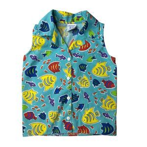 Kelly's Kids Multicolor Fish Print Sleeveless Button Down Shirt Size Medium